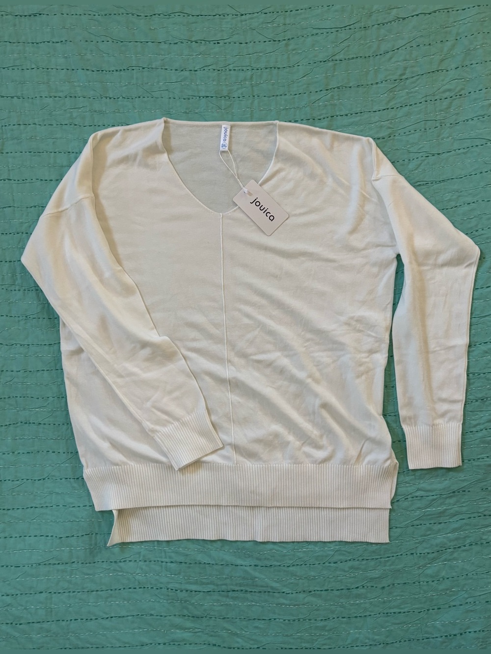 Jouica NWT White V-Neck Knit Sweater Drop Shoulder Ribbed Hem Long Sleeve 2XL